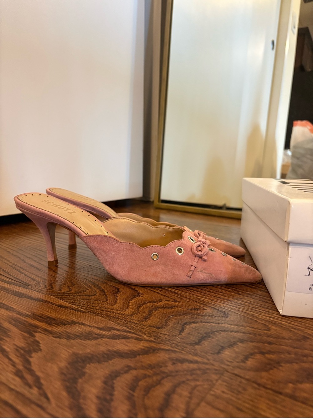 SCHUTZ Pink Suede Pointed Toe Slip-On Mules with Bow - Picture 5 of 6